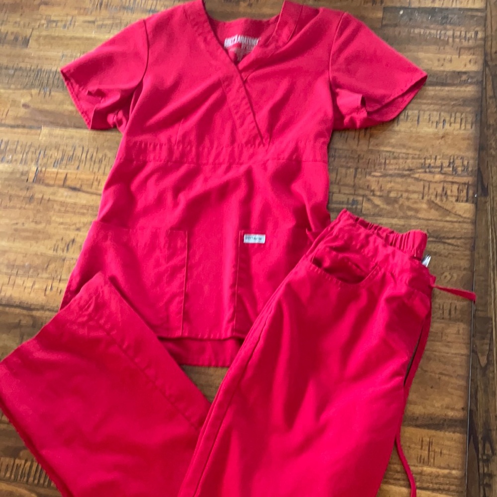 XS red mock wrap Grey’s Anatomy scrub set